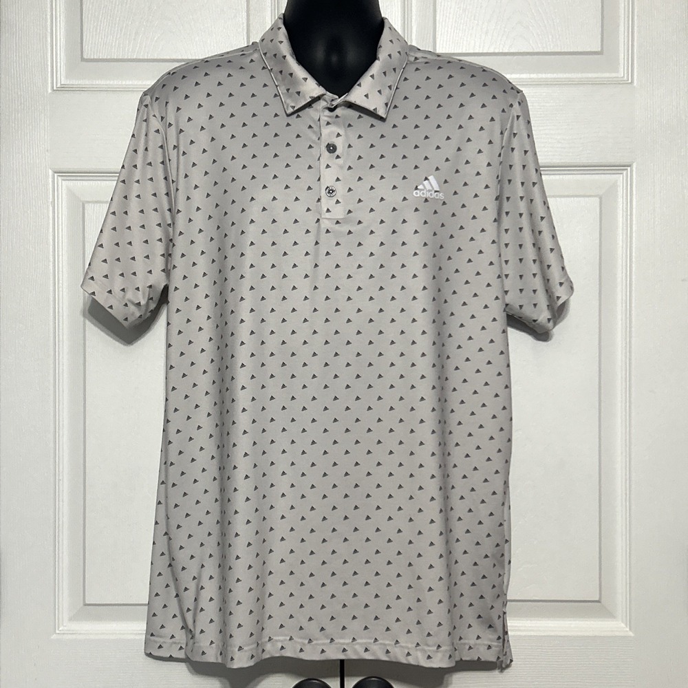 Adidas Golf All Over Print Logo Polo Shirt Light Gray Black Graphic Sports Sz XL